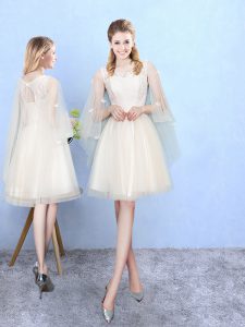 Champagne Lace Up Wedding Party Dress Lace Half Sleeves Knee Length