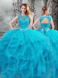 Baby Blue Ball Gowns Beading and Ruffles Quinceanera Dresses Lace Up Tulle Sleeveless Floor Length