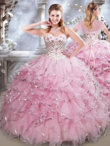 Edgy Floor Length Baby Pink Quinceanera Gowns Sweetheart Sleeveless Lace Up