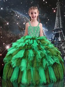 Fashion Straps Sleeveless Tulle Girls Pageant Dresses Beading and Ruffles Lace Up