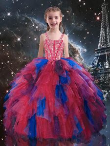 Glorious Coral Red Tulle Lace Up Straps Sleeveless Floor Length Little Girls Pageant Dress Wholesale Beading and Ruffles