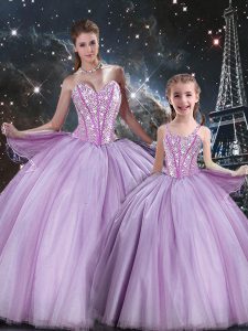 Lavender Tulle Lace Up Sweetheart Sleeveless Floor Length Quinceanera Gown Beading