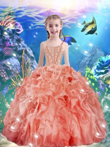 Excellent Watermelon Red Lace Up Little Girls Pageant Dress Beading and Ruffles Sleeveless Floor Length