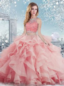Sleeveless Satin Floor Length Clasp Handle 15 Quinceanera Dress in Baby Pink with Beading and Ruffles