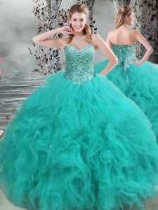 Comfortable Turquoise Lace Up 15th Birthday Dress Beading and Ruffles Sleeveless Floor Length