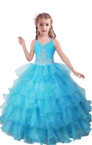 Trendy Baby Blue Pageant Gowns For Girls Quinceanera and Wedding Party with Beading and Ruffled Layers V-neck Sleeveless