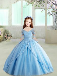 Light Blue Ball Gowns V-neck 3 4 Length Sleeve Tulle Floor Length Lace Up Lace Pageant Gowns For Girls