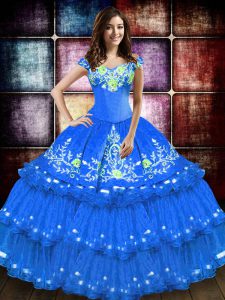 Smart Blue Taffeta Lace Up 15th Birthday Dress Sleeveless Floor Length Embroidery and Ruffled Layers