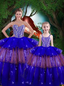 Fantastic Royal Blue Sleeveless Floor Length Beading and Ruffled Layers Lace Up Quinceanera Dress