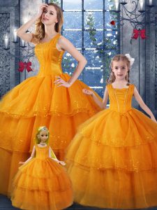 Floor Length Orange Sweet 16 Dresses Organza Sleeveless Ruffled Layers