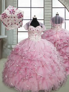 Baby Pink Pageant Dress Womens Quinceanera and Wedding Party with Beading and Ruffles Spaghetti Straps Sleeveless Brush 