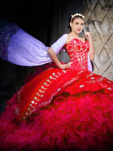 Luxury Lace Up Quinceanera Dress Red for Military Ball and Sweet 16 and Quinceanera with Embroidery and Ruffles Brush Tr