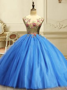 Fashion Baby Blue Ball Gowns Scoop Sleeveless Tulle Floor Length Lace Up Appliques and Sequins Quinceanera Gowns
