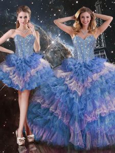 Multi-color Organza Lace Up Sweetheart Sleeveless Floor Length Sweet 16 Dress Beading and Ruffled Layers and Sequins