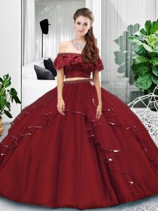 Excellent Floor Length Burgundy 15th Birthday Dress Tulle Sleeveless Lace and Ruffles