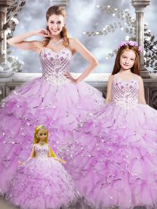 Beauteous Lilac Sweetheart Lace Up Beading and Ruffles Ball Gown Prom Dress Sleeveless