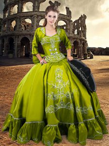 Custom Made Olive Green Sweetheart Lace Up Appliques and Ruffles Quince Ball Gowns 3 4 Length Sleeve