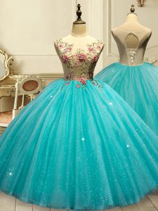 Tulle Sleeveless Floor Length Quinceanera Gowns and Appliques and Sequins
