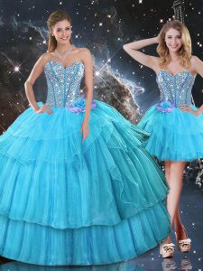 New Arrival Ball Gowns Quinceanera Gowns Aqua Blue Sweetheart Organza Sleeveless Floor Length Lace Up