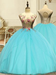 Aqua Blue Sleeveless Floor Length Appliques Lace Up Sweet 16 Quinceanera Dress