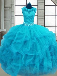 Baby Blue Tulle Lace Up Scoop Sleeveless Floor Length Sweet 16 Dress Beading and Ruffles