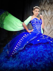 Royal Blue Sweetheart Lace Up Embroidery and Ruffles Quinceanera Dress Brush Train Sleeveless