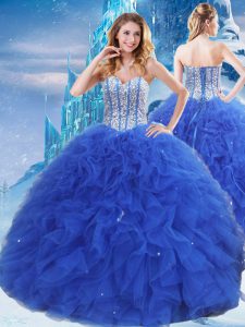 Ideal Royal Blue Sleeveless Organza Lace Up 15 Quinceanera Dress for Military Ball and Sweet 16 and Quinceanera