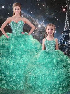 Superior Floor Length Turquoise Ball Gown Prom Dress Organza Sleeveless Beading and Ruffles