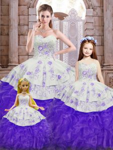 White And Purple Ball Gowns Beading and Appliques and Ruffles Vestidos de Quinceanera Lace Up Organza Sleeveless Floor L