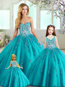 Floor Length Teal Quinceanera Gown Tulle Sleeveless Appliques and Embroidery