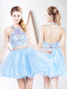 Best Selling Halter Top Sleeveless Organza Prom Evening Gown Beading and Ruffled Layers Backless