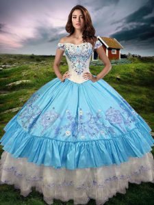 Customized Ball Gowns Ball Gown Prom Dress Baby Blue Off The Shoulder Taffeta Sleeveless Floor Length Lace Up