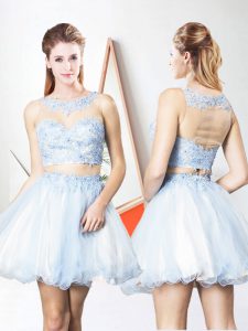 Customized Aqua Blue Scoop Side Zipper Lace and Ruffled Layers Prom Gown Sleeveless