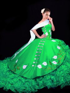 Wonderful Lace Up Ball Gown Prom Dress Green for Military Ball and Sweet 16 and Quinceanera with Embroidery and Ruffles 