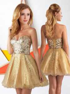 Mini Length A-line Sleeveless Gold Prom Party Dress Lace Up