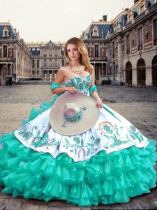On Sale Turquoise Sweetheart Lace Up Embroidery and Ruffled Layers Quinceanera Dresses Sleeveless