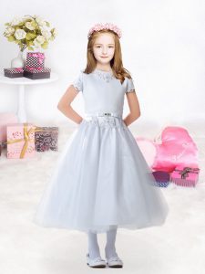 Attractive White Scoop Neckline Appliques and Bowknot Flower Girl Dresses for Less Short Sleeves Zipper