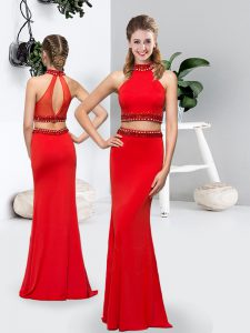Red Chiffon Backless Halter Top Sleeveless Floor Length Wedding Gown Beading