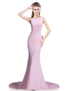 Stylish Sleeveless Elastic Woven Satin Brush Train Clasp Handle Homecoming Dress in Pink with Beading and Bowknot