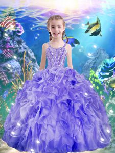 Nice Purple Straps Neckline Beading and Ruffles Pageant Dress for Teens Sleeveless Lace Up
