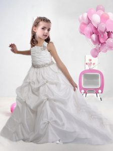 Fashion White Taffeta Lace Up Straps Sleeveless Little Girl Pageant Gowns Brush Train Beading and Pick Ups