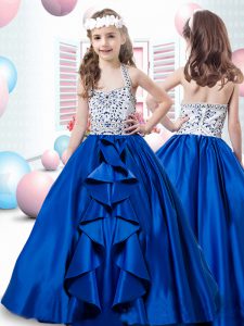 Sleeveless Taffeta Floor Length Zipper Little Girl Pageant Dress in Royal Blue and Blue And White with Beading
