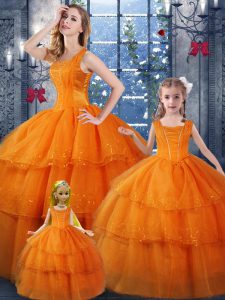 Lovely Floor Length Ball Gowns Sleeveless Orange Quinceanera Dress Lace Up