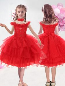 Red Zipper Pageant Gowns For Girls Ruffled Layers Sleeveless Knee Length