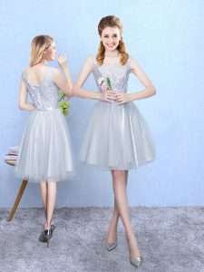 Silver Empire Square Sleeveless Tulle Knee Length Lace Up Lace Bridesmaid Gown