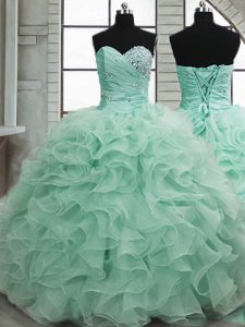 Free and Easy Floor Length Lace Up 15 Quinceanera Dress Apple Green for Military Ball and Sweet 16 and Quinceanera with 