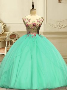 Low Price Organza Scoop Sleeveless Lace Up Appliques Quinceanera Dresses in Apple Green