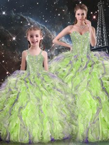 Floor Length Lace Up Ball Gown Prom Dress Yellow Green for Military Ball and Sweet 16 and Quinceanera with Beading and R