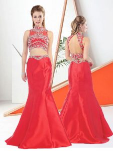 Traditional High-neck Sleeveless Prom Gown Sweep Train Beading Red Satin