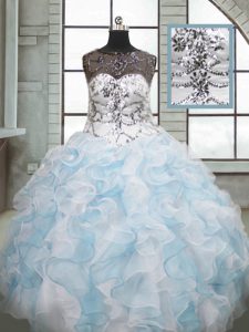 Scoop Sleeveless Sweet 16 Dresses Floor Length Beading and Ruffles Blue And White Organza